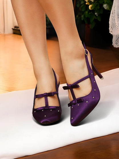 Bows Heels – and Women's Purple T-Strap Studs with Satin