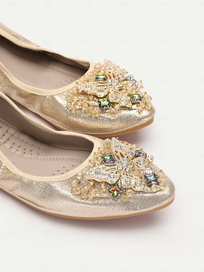 Glitter Foldable Women's with Gold Crystal Flats
