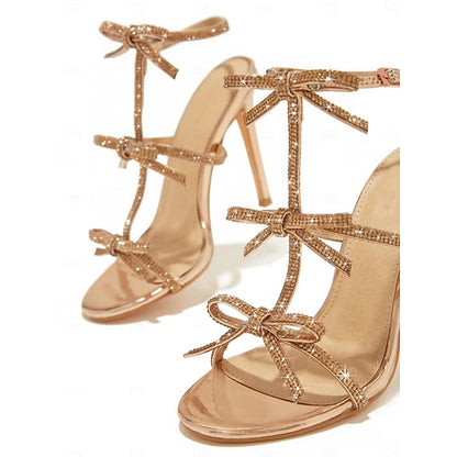Bow Women's Sandals Gold – Knot Sparkly Stiletto Strappy