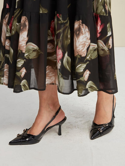 Heels Black with Pointed Women's Elegant Toe Slingback