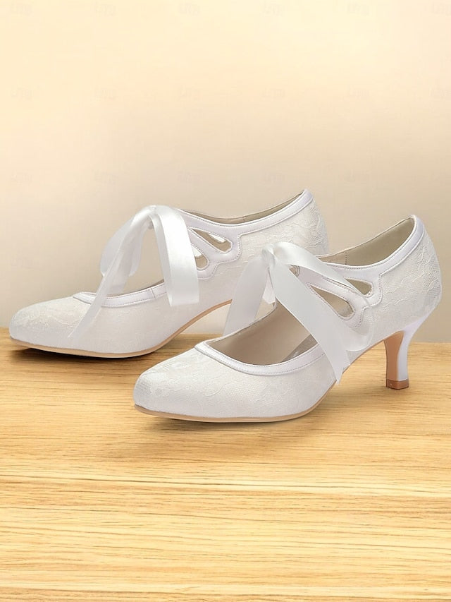 Ribbon Satin Pumps Lace with Elegant Bridal White - Vintage Ties