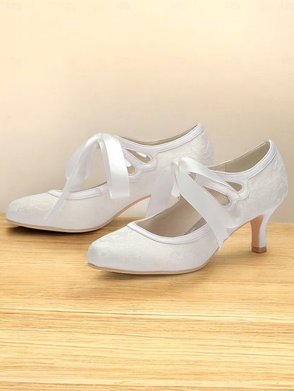 Ribbon Satin Pumps Lace with Elegant Bridal White - Vintage Ties