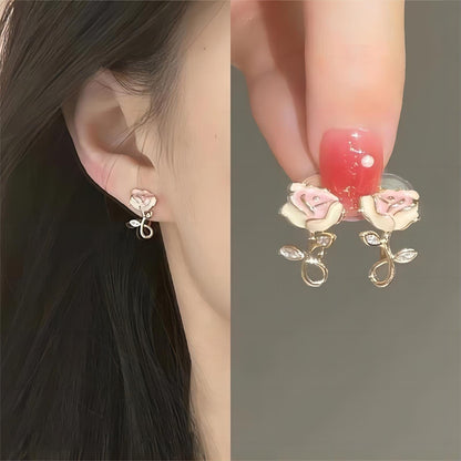 Enamel Rose Ear Clip Earrings