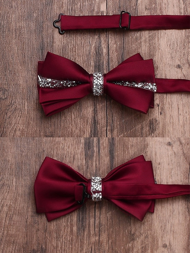 – Crystal Embellishment with Tie Elegant Satin Bow Burgundy