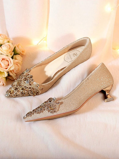 Heel Women's Pumps Pointed-Toe with Gold Low Glitter
