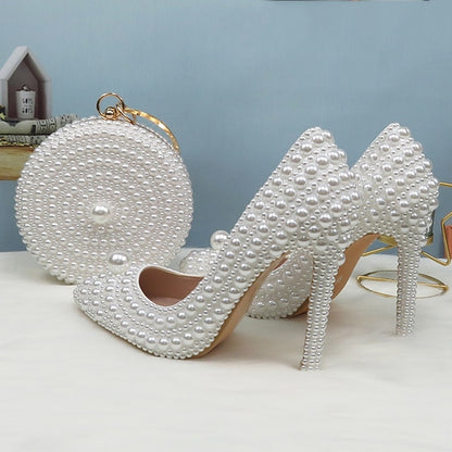 Pearl-Embellished Pearl Stiletto Round Set and Heels White Purse