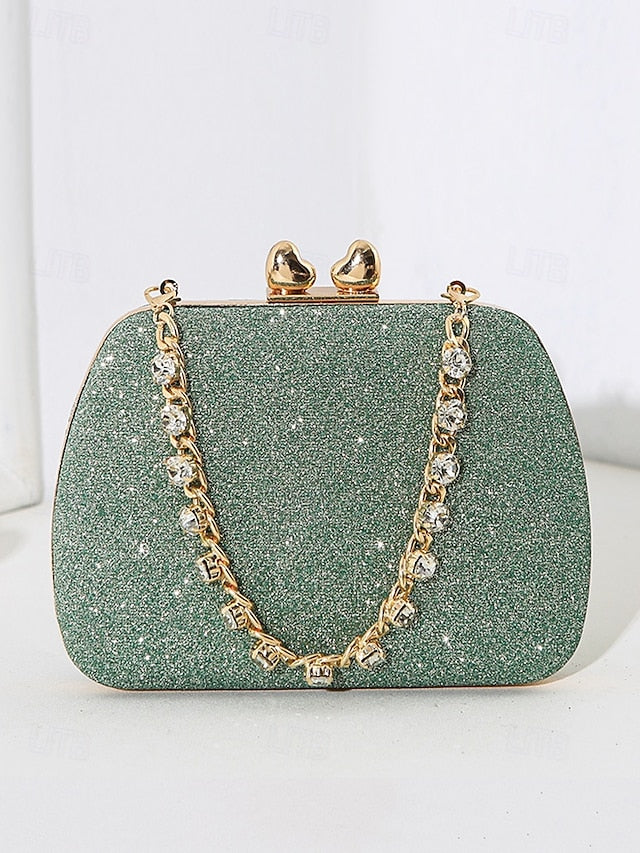 Glitter Evening Green Clutch Rhinestone with Sage Women's