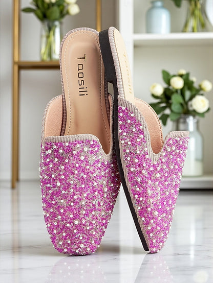 and Mules Embellished - Pink Women's Rhinestone Pearl