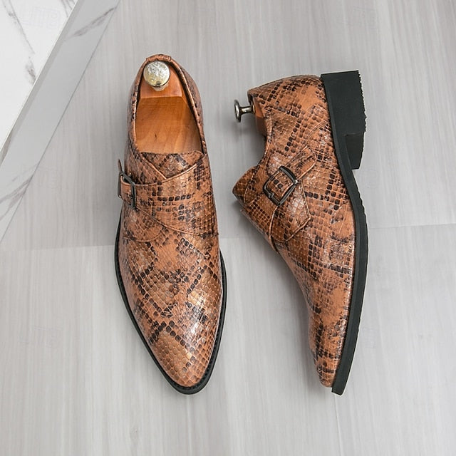 Men Strap Formal for Monk Shoes – Classic Snake Brown Print