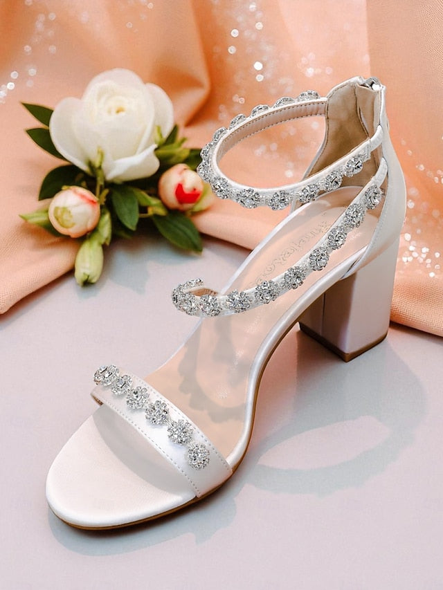 Heel Open Elegant Women's White Block Sandals - Rhinestone