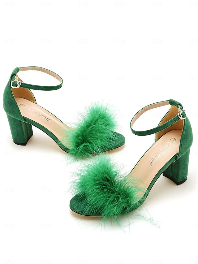 Block Sandals for Feather-Embellished – Wedding Heel Women
