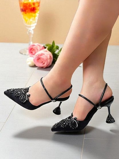 Embellished Women's Rhinestone Pointed Satin Gold Toe