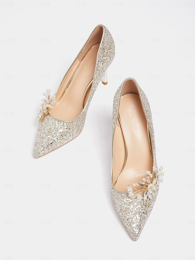 Glitter Silver Heels Stiletto Floral with Women's