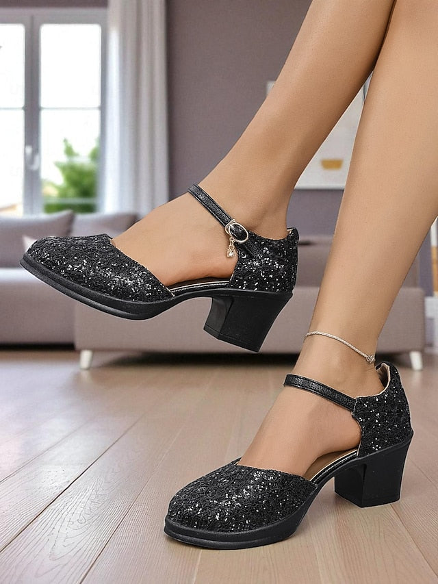 - Heel Mary Chunky Lace Low Women's Comfortable Jane Shoes