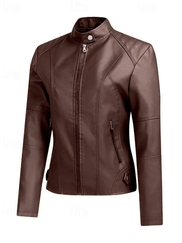 Pocket Women's Leather Faux Zipper Jacket Comfortable