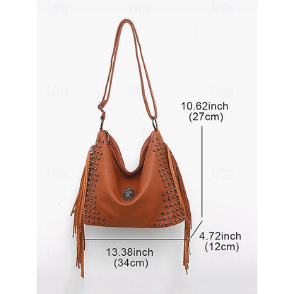 - Brown Leather Boho Studded Bag Women's Hobo Skull Fringe