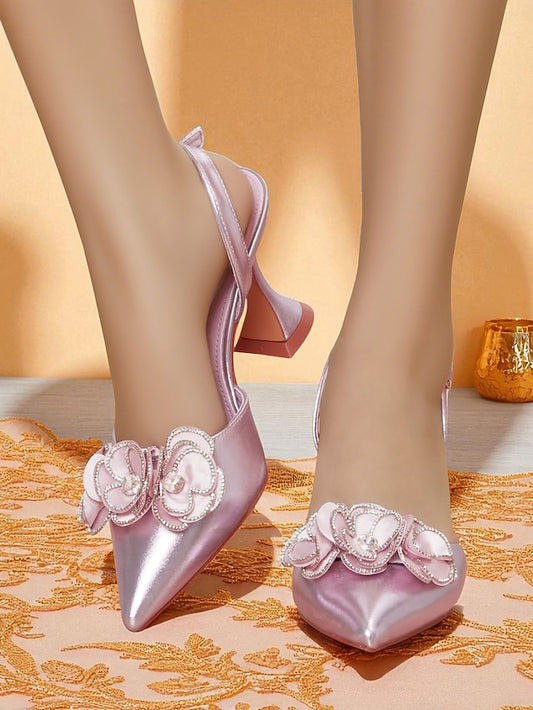 Toe Heels with Satin Floral Pink Pointed Women's