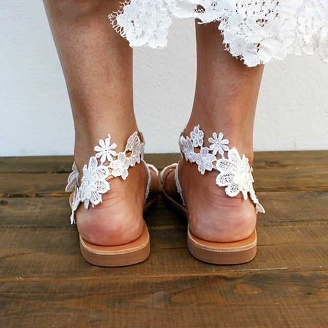 Bridal Women's Lace White Flat Sandals Floral with