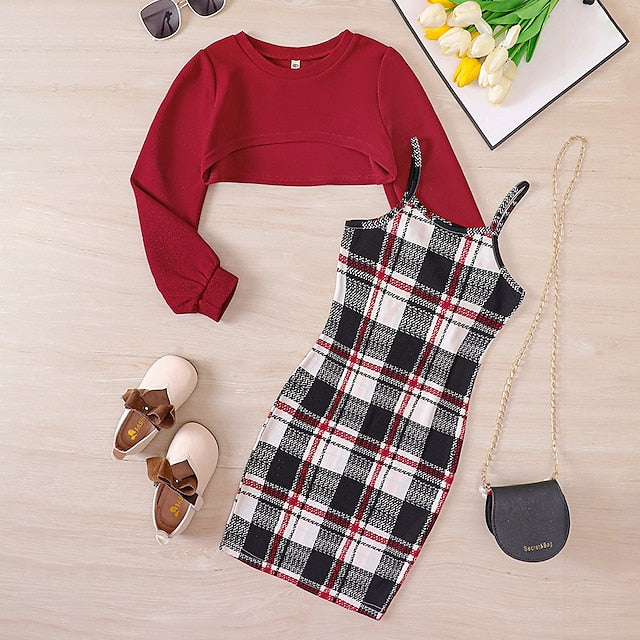 Girls' Block Color Kids Dress Set Pieces Long Suits 2