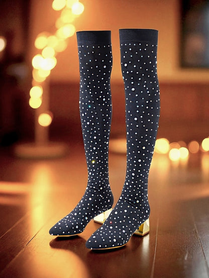 with Black Women's Boots Rhinestone Over-the-Knee Pointed