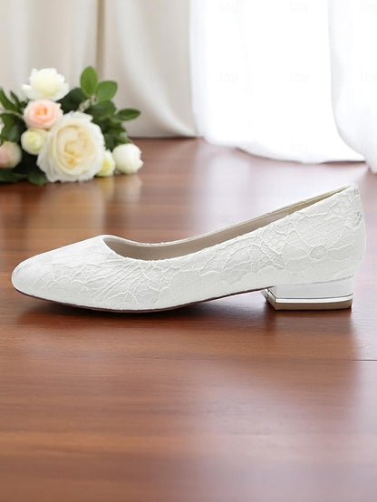 Low Ivory Wedding Flats Lace Heel Women's