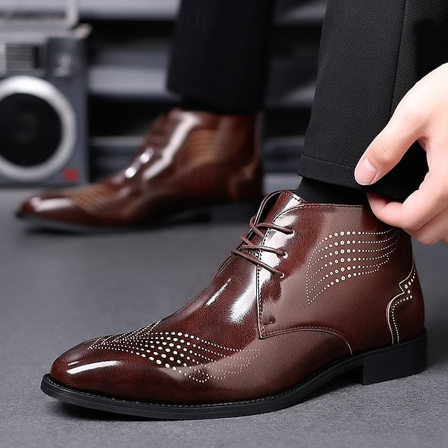 Leather Ankle Men's Faux Glossy Burgundy Wingtip Brogue