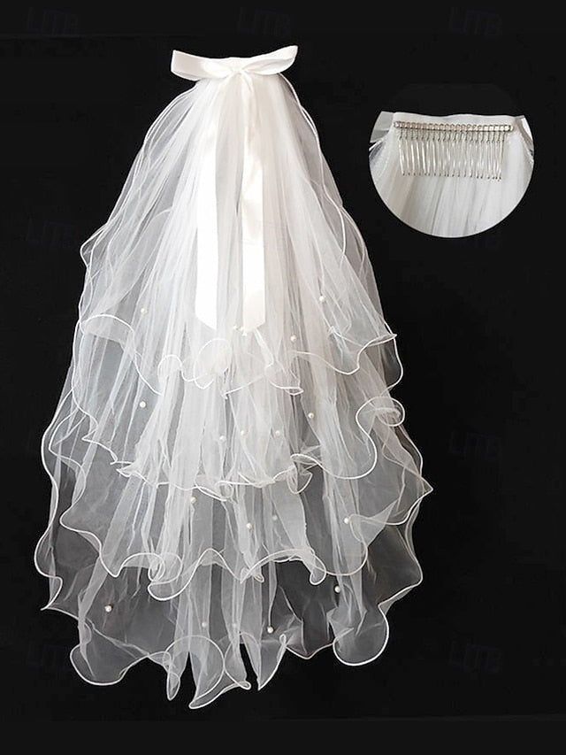 Ivory with - Soft Elegant Ribbon Tulle Bridal Satin and Veil