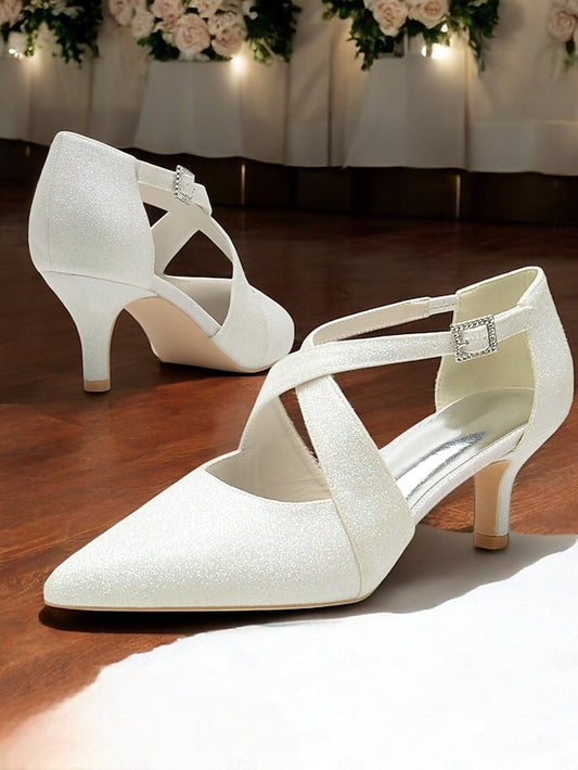 White Heels Glitter Cross Rhinestone Buckle with Kitten Strap