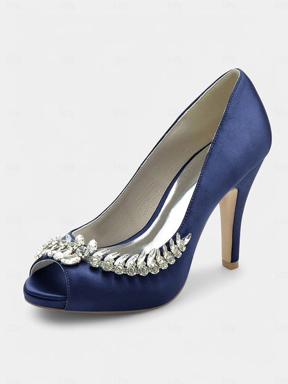 with – Peep-Toe Crystal Embellishment Heels Blue Satin Luxury