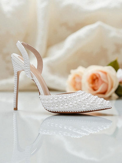 - Women's Pearl-Embellished Slingback Heels Leather White