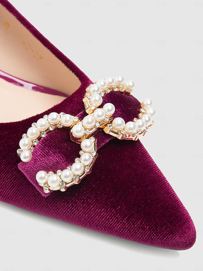 Bow Velvet Heel Women's Kitten - Burgundy with Pumps Pearl