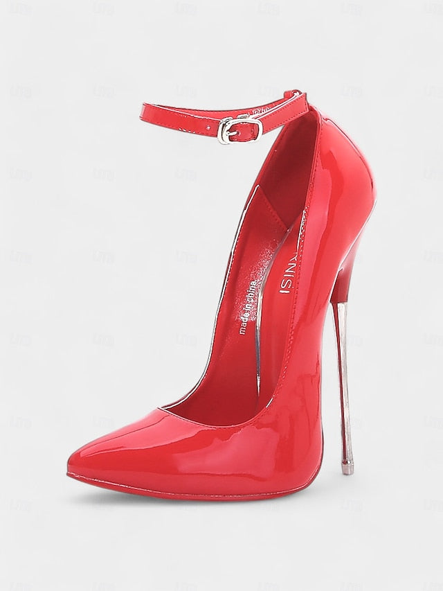Patent Strap Red Women's Leather Ankle Heels with Stiletto