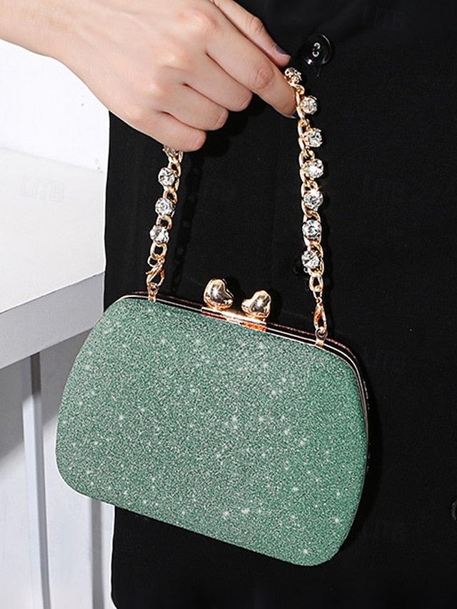 Glitter Evening Green Clutch Rhinestone with Sage Women's
