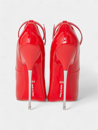 Patent Strap Red Women's Leather Ankle Heels with Stiletto