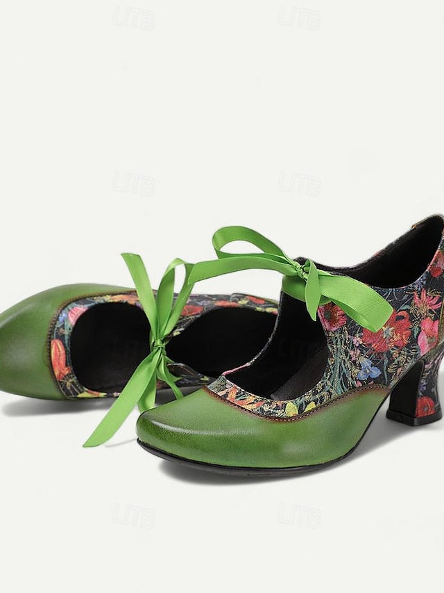 Leather Heels with Green Print Women's Jane Mary Floral