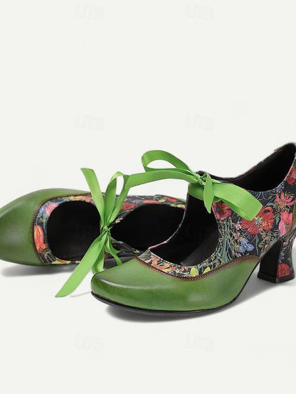 Leather Heels with Green Print Women's Jane Mary Floral