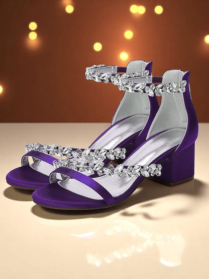 Sandals Crystal - Women's Heel Block Satin Purple