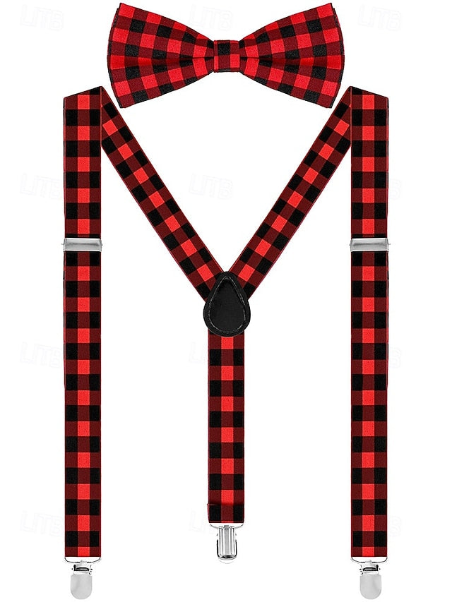 Set Suspender Tie and Christmas Bow Men's Adjustable Plaid