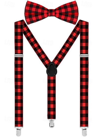 Set Suspender Tie and Christmas Bow Men's Adjustable Plaid