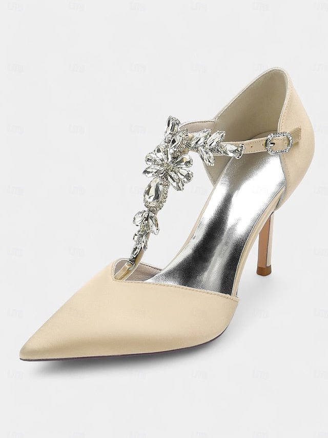 Navy Women's Heels T-Strap Pointed Toe Satin – Blue