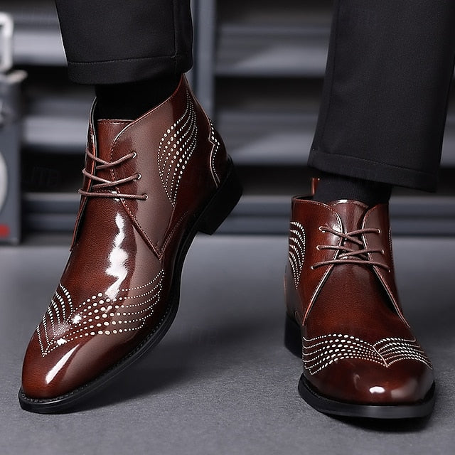 Leather Ankle Men's Faux Glossy Burgundy Wingtip Brogue