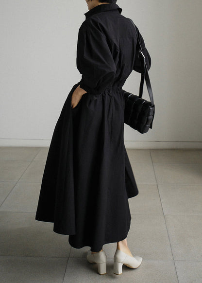 Cotton Black Dresses Long Sleeve Wrinkled Button