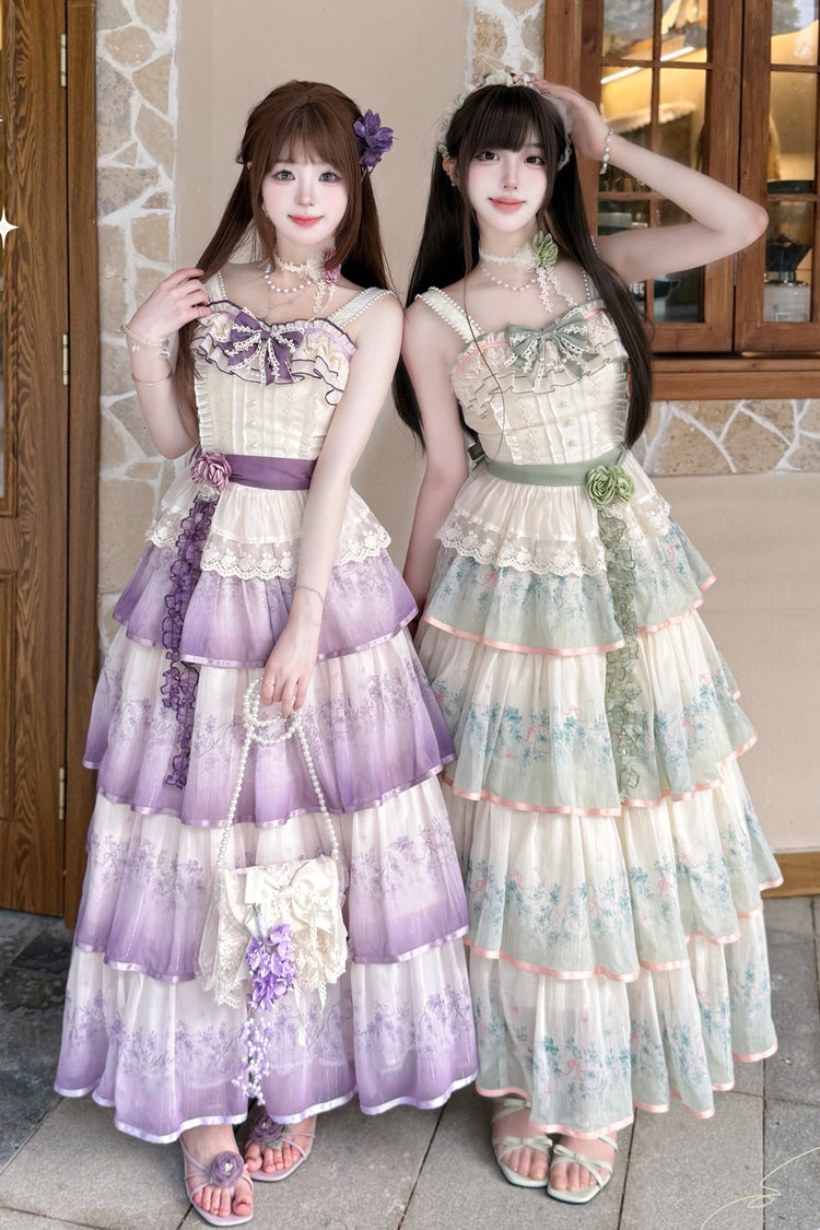 Emerald Lilac Thoughts Gradient Layered Ruffle Bow Lace Dress Set