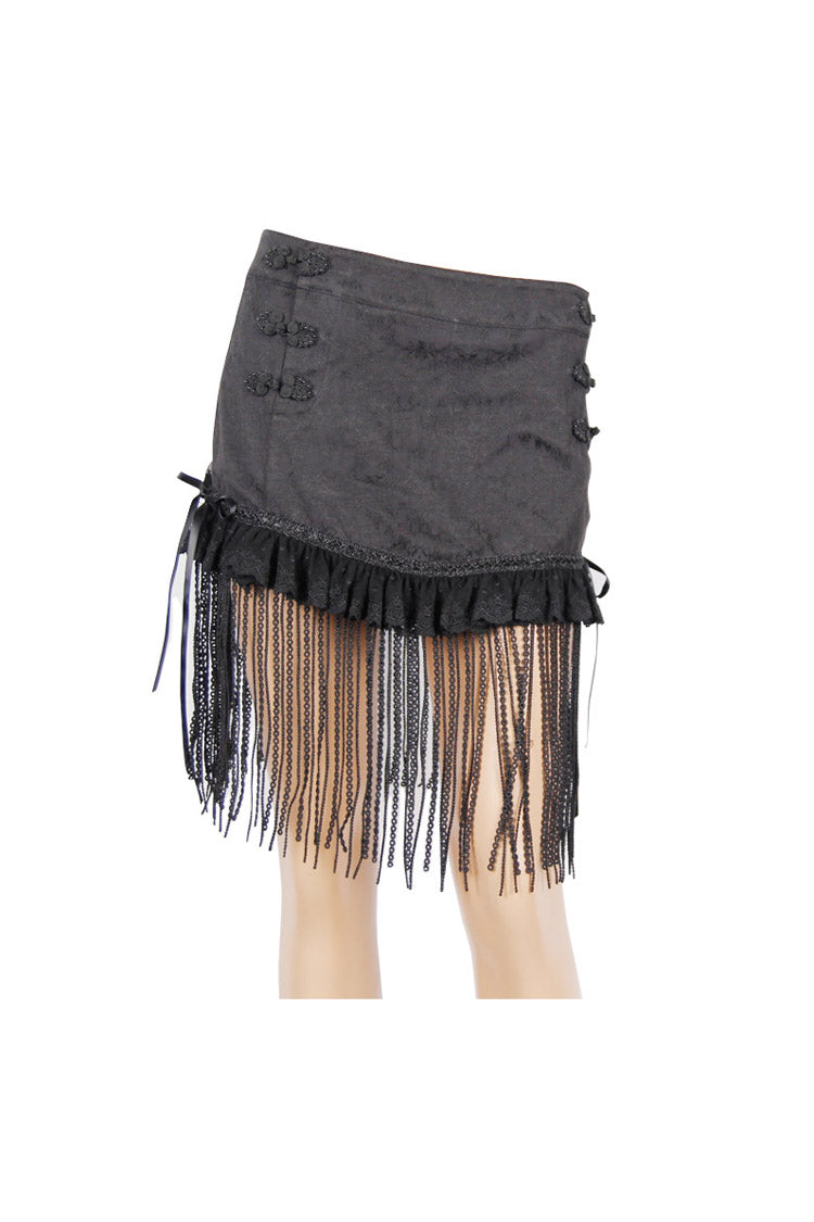 Women's Gothic Short Skirt with Lace Tassel Hem and Back Waist Lace Up in Black Jacquard