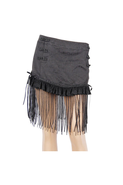 Women's Gothic Short Skirt with Lace Tassel Hem and Back Waist Lace Up in Black Jacquard