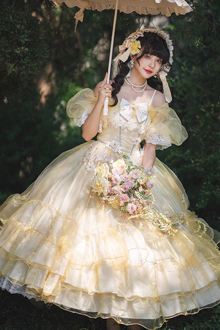 Golden Off-Shoulder Sleeve Ruffled Bridal Bow Lace Plus Size Lolita Gown
