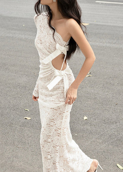 Out Dress Maxi Hollow White Chic Asymmetrical Lace Spring