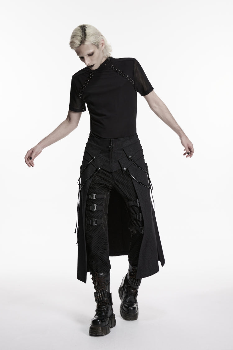 Black Lace-Up Zip Punk Skirt with Chain Detail for Men