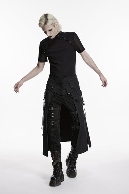 Black Lace-Up Zip Punk Skirt with Chain Detail for Men