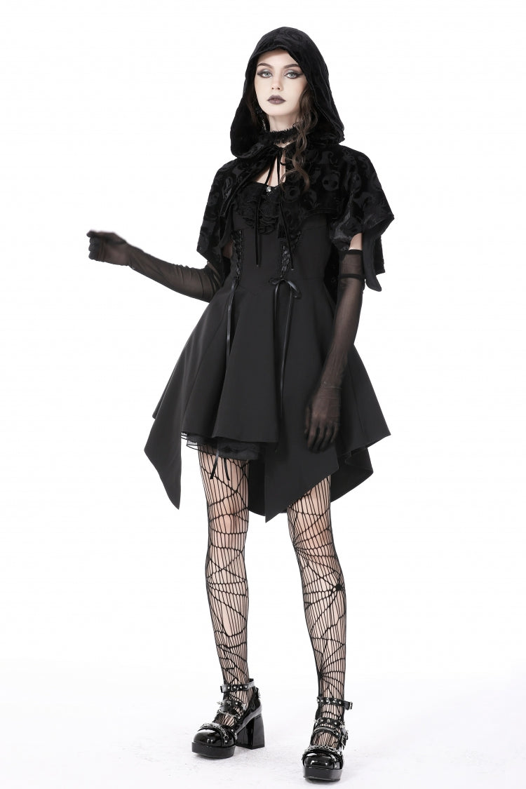 Velvet Hooded Cape with Skull Lace-Up Front